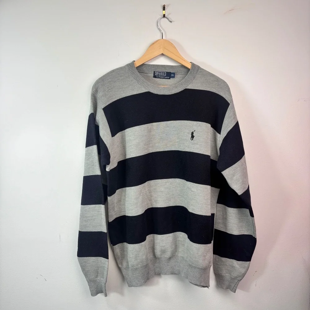 Polo Ralph Lauren Gray Navy Striped Crewneck Sweater Pony Logo 2XL